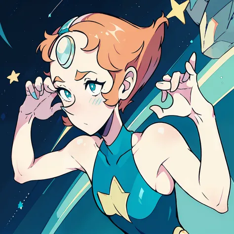 1girl, Pearl, pale, ivory complexion, light-cyan eyes, peach-colored hair, forehead gem, teal leotard, star emblem, swept-back hair, short hair, pearl gem, pointy nose, perfect anatomy, better hands