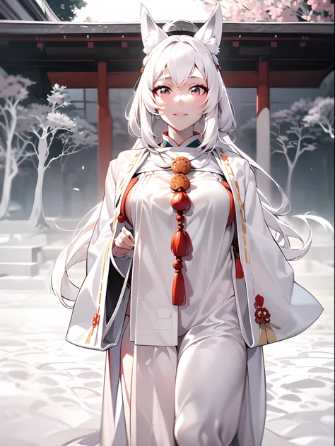 professional lighting,jpn,1girl in,((onmyouji)),18 year old beautiful woman,((((white Fox ears)))),((Luminescent clothing)),(long shiny white hair),(Bushy white tail),nice hands, perfect hands,((An ancient shrine surrounded by giant white trees that emit l...