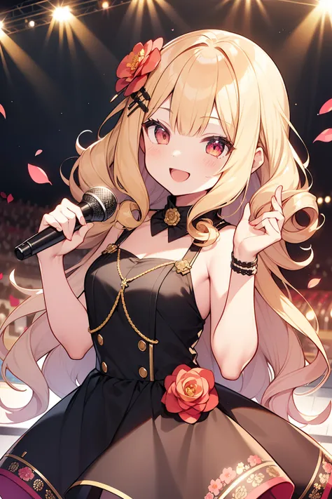 masterpiece, hyper quality, 1girl, solo girl, light gold hair, red eyes, round eyes, ((curly hair)), long hair, smiling, holding a mike, singing, music notes, Concert hall, stage, idol, idol outfit, little flower hairpin, flower petals, pink and yellow