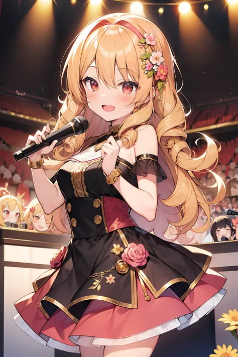 masterpiece, hyper quality, 1girl, solo girl, light gold hair, red eyes, round eyes, ((curly hair)), long hair, smiling, holding a mike, singing, music notes, Concert hall, stage, idol, idol outfit, flower head ornaments, pink and yellow