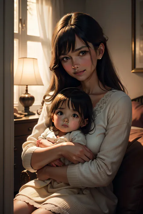 Mom in the bedroom，Holding a cute little girl in her arms，8K，k hd，Mom smiled，The little girl was smiling，The eyes are round，incredibly detailed，Sharpen，the detail +superbly fine details+Night of lights+perfectionism+award winning realism（（Moody light））