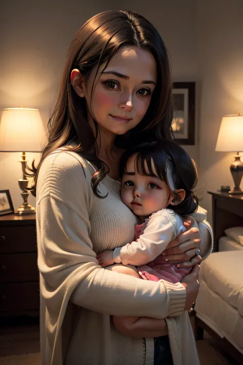 Mom in the bedroom，Holding a cute little girl in her arms，8K，k hd，Mom smiled，The little girl was smiling，The eyes are round，incredibly detailed，Sharpen，the detail +superbly fine details+Night of lights+perfectionism+award winning realism（（Moody light））