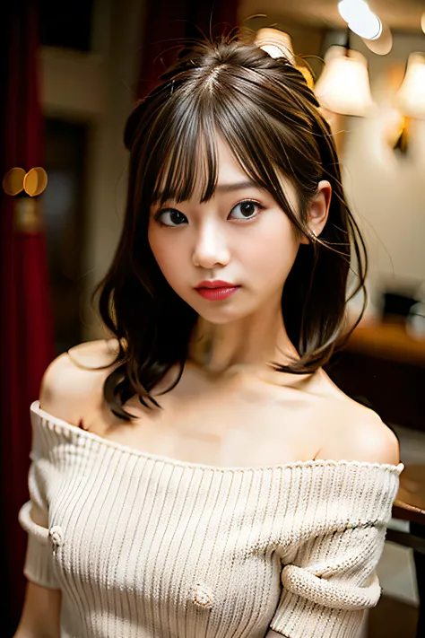 Best Quality ,masutepiece,超A high resolution,(photographrealistic:1.4), 8 years old girl, Seeing the viewer and the seduced face, Wearing an oversized crushed off-shoulder knit over naked, Very beautiful,kawaii, Cinematic, 35mm lens, F/ 1. 8, Accent Lighti...