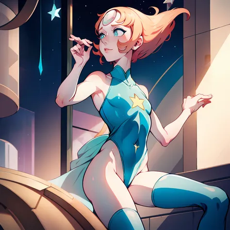 1girl, Pearl, pale, ivory complexion, light-cyan eyes, peach-colored hair, forehead gem, teal leotard, star emblem, swept-back hair, short hair, pearl gem, pointy nose, perfect anatomy, better hands