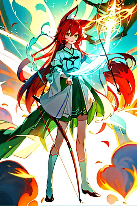 Anime goddess holding a bow and arrow，Beautiful full-body illustration！In the flames，She was dressed in pale green，Long light red hair，Light red fox ears，Co-produced with Anime Painter Studio。In digital art on Pixiv，Brings a breathtaking character design！