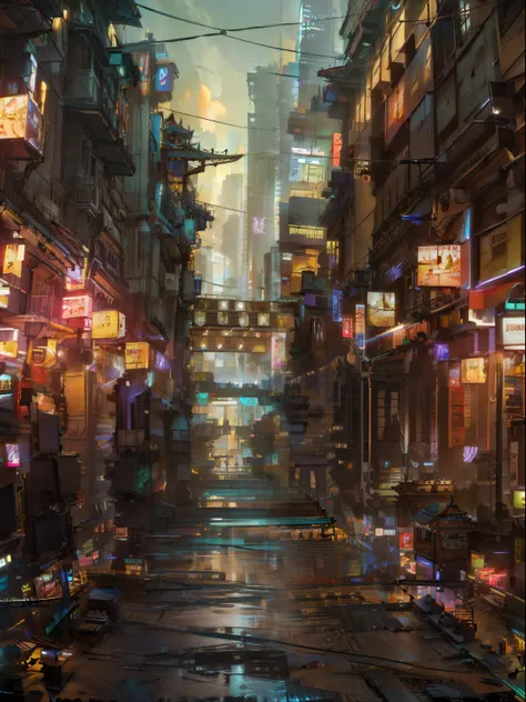 cyberpunk city from sci-fi movie，empty street，the night，rustic，Chinese-style architecture，Bridges，tile-roofed house，path，Irregular，circuit boards，electrical wires，iintricate，ultra - detailed，realisticlying，Ultra photo realsisim，high qulity，optimum, super d...