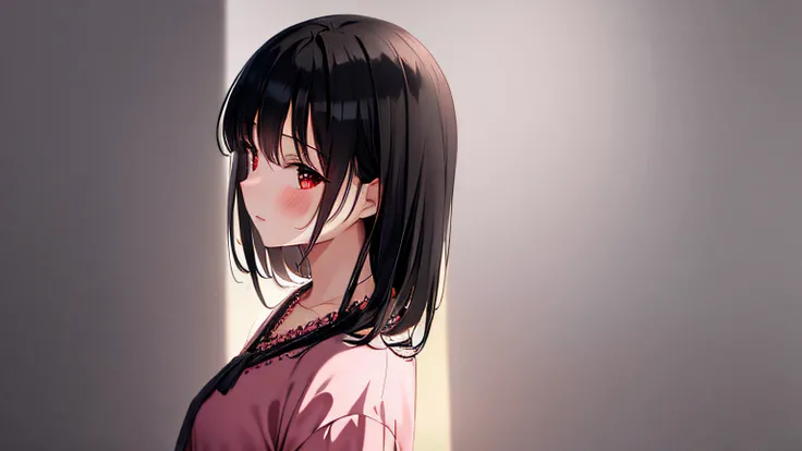 masterpiece, high quality, 8k, beautiful lighting, doga kobo, anime scene, profile, 1girl, sakakibara_miwa, black hair, medium hair, small to medium breast, red eyes, pastel creme clothes, looking at viewer, leaving, from darkness, saying something