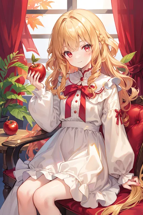 masterpiece, hyper quality, 1girl, solo girl, light gold hair, red eyes, round eyes, ((curly hair)), long hair, a white dress, ribbons, long sleeves, holding an apple, a bitten apple, sitting on the chair, little smiling, a small smile, little dark backgro...