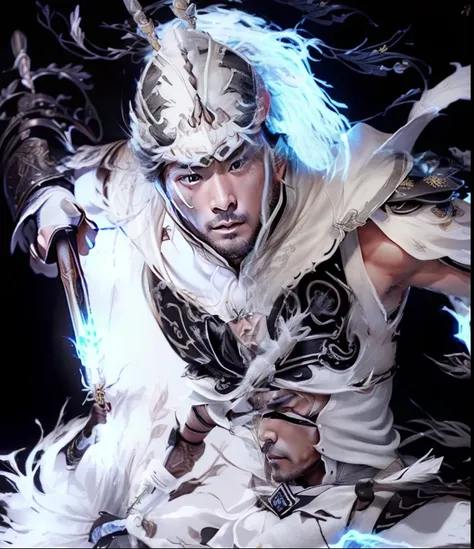 Man in white clothes with spear、Black background