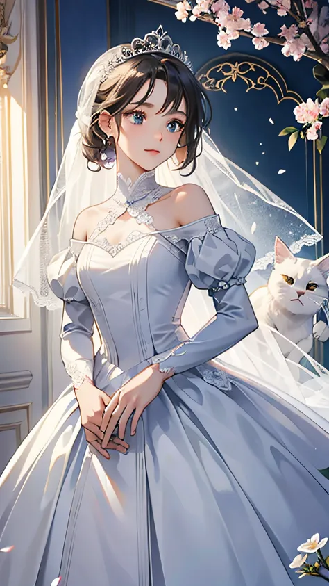 ((best quality)), ((masterpiece))  WEDDING PRINCESS DRESS, light ray, lens flare, white petals, long coated cat, exotic