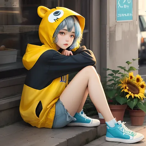 Two-dimensional girl，The style is taken from the day《Odd Egg Story》，Has short blue hair，With dull hair，The hairstyle is messy，There is a hairpin on the left side of the hair，The left eye is yellow，The right eye is blue，Dressed in yellow with a sunflower ho...