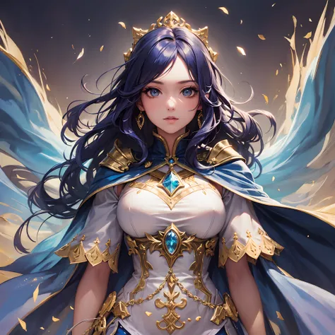 Her flowing cape, a majestic combination, drapes elegantly from her shoulders. It bears the same blue hue as her leggings, with golden trim adding royal touch. The cape billows behind her as she soars, symbolizing dedication to protection