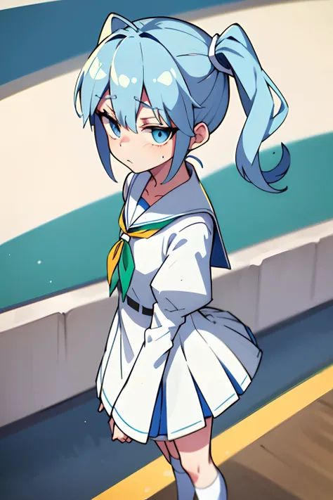 A young girl，Green side ponytail，Blue eyes，School Background，White panty hose，Blue and white JK school uniform，Tsundere face