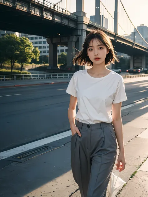 A daughter，evening light，Bridgeside，taking a walk，Gray slacks，white short sleeve，Natural expression，4k画质，Masterpiece，Hyper Real