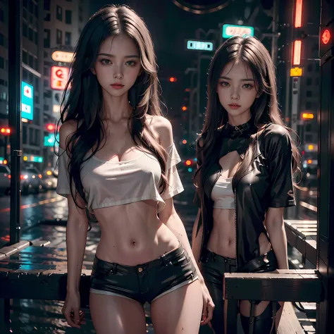 Beautiful woman with wavy hair, delicate and charming eyes, thigh notch, sexy long legs, t-shirt in small shorts, beautiful futuristic cyberpunk + city, neon light background,mist, damp, rain, best quality masterpiece, realistic, detailed, 8k, HDR, shallow...