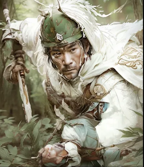 Man in white clothes with spear、in woods