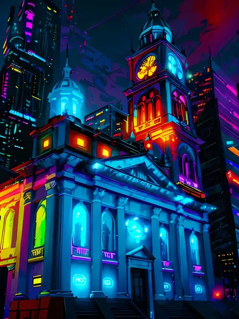 catedral, igreja cyberpunk, Futuristic construction, Neon light, Cyberpunk, Cyberpunk buildings in the background, fundo desfocado, UHD, detalhada