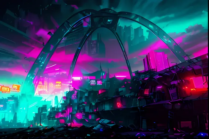 Futuristic construction, Neon light, Cyberpunk, predios cyberpunk ao fundo, fundo desfocado