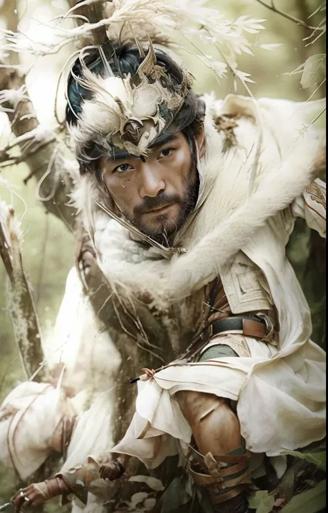 Man in white clothes with spear、in woods