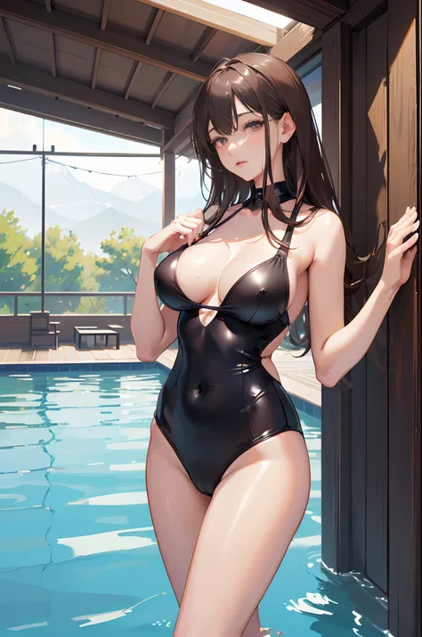 (Best quality, 8k, 32k, Masterpiece, UHD:1.2),Photo of Pretty Japanese woman, 1girl, (large breasts), tall female, slender figure, (dark brown hair), double eyelid, wet swimsuit, pool