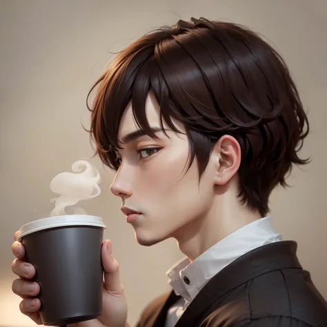 Profile of a neutral man in his 20s drinking coffee。Hairstyle 73 waves、The color is dark brown。