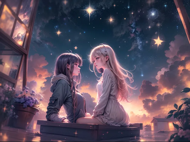 (gaze at the stars, dreamy atmosphere, celestial beauty, sparkling night sky)