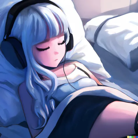 Anime girl lying in bed with headphones on head, night core, estilo anime 4K, Arte digital de Danganronpa, Arte digital no Pixiv, estilo de arte de anime, estilo anime. 8k, listening to music at 2 am, Estilo Pixiv, anime vibes, arte de anime digital!!, men...