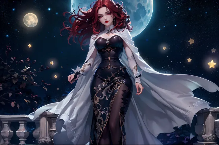 a picture of an exquisite beautiful female vampire standing under the starry night sky on the porch of her castle, full body (ultra detailed, Masterpiece, best quality), ultra detailed face (ultra detailed, Masterpiece, best quality), ultra feminine, grey ...