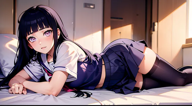 Hinata Hinata，Japan high school uniform，White eyes，lying on ones side on bed，Wear black stockings，Expose all legs