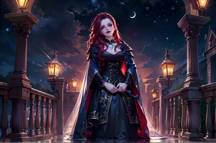 a picture of an exquisite beautiful female vampire standing under the starry night sky on the porch of her castle, full body (ultra detailed, Masterpiece, best quality), ultra detailed face (ultra detailed, Masterpiece, best quality), ultra feminine, grey ...