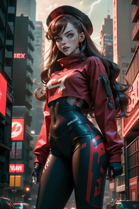 1 girl, beautiful, giggle, wearing red hat, earrings, red camouflage, red sweatshirt, red leggings, long hair, brown hair, mascara, nasolabial , standing, middle, navy, earrings, (reality: 1.5), cyberpunk, neon city, neon, 3D, CGI, volumetric lightning, wh...