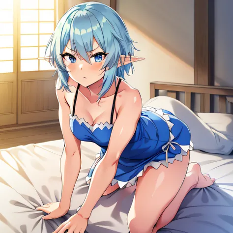 ryu (danmachi),1girl, grey hair, hair, blue eyes, eyes, breasts, short hair, hair, looking at viewer, barefoot, bed, bed sheet, sleeveless, pov, eyebrows visible through hair, bare shoulders, skirt, bare legs, solo, all fours, indoors, on bed, green ha...