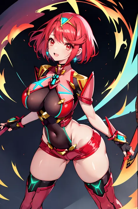 pyra (xenoblade), teen_1girl, armor, bangs, black gloves, breasts, red eyes, closed mouth, earrings, eyelashes, fingerless gloves, floating hair, framed breasts, gem, gloves, hair ornament, headpiece, jewelry, big_breasts, leaning back, leotard, neon trim,...