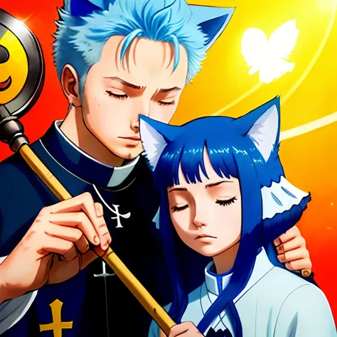 blue  hair，teens girl，cat ear，Staff，Priest，pray，Close your eyes