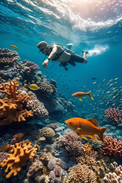 Best quality, masterpiece, ultra high res, (photorealistic:1.4), raw photo, a man diving in the ocean with all fish arounds him, colorful coral reef, cinematic view