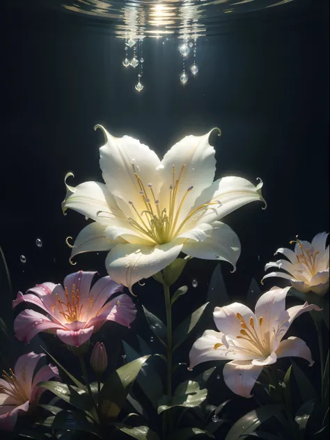 ((lily flowers)),  super transparent,  Holy Light,  beautiful spectral light, petals glow, flashes, Dark background, drops of transparent light, reflective light, Bright, light streaming in, optics, Sharp Focus, Magical, Convoluted, A hyper-realistic, Fant...