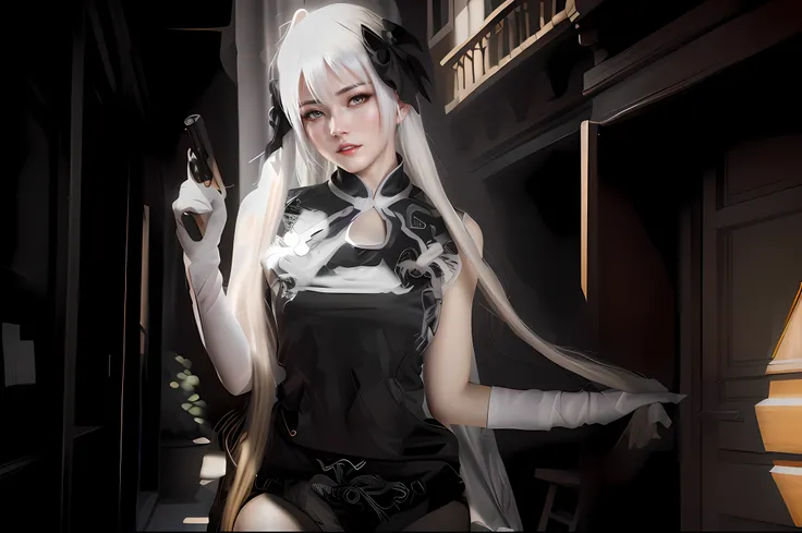 There was a woman wearing a corset and a hat with a gun, Tifa Lockhart with white hair, Guviz-style artwork, Girl with white hair, inspired by Leng Mei, white-haired god, White-haired, rococo cyberpunk, cyborg - girl with silver hair, white haired Cangcang...