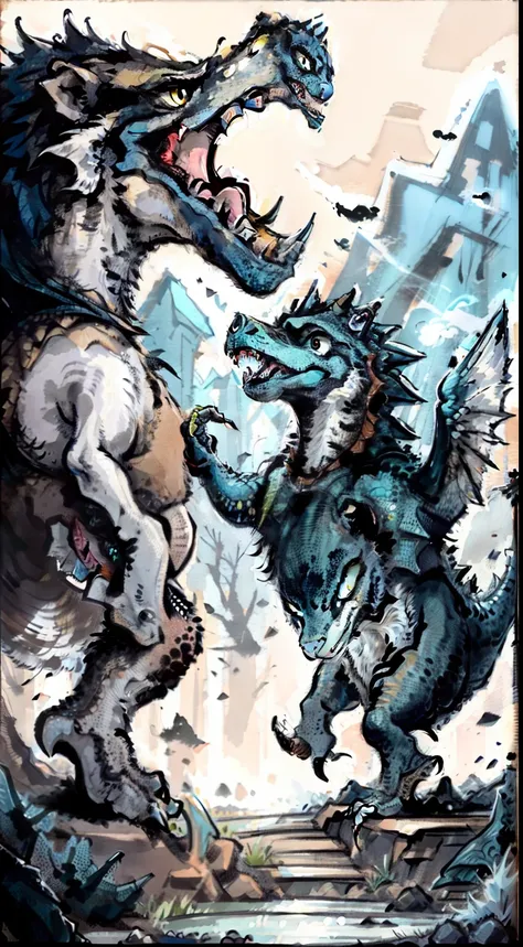 Dinosaurs fight wolves