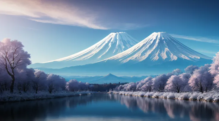 Masterpiece, Best quality, High quality, Extremely detailed Cg Unity 8K wallpaper,Mt fuji,Snow,winter,Outdoors, sky, day, landscape, water, tree, Blue sky, waterfallr, Nature, Lake, River, Cloudy sky,award winning photography, Bokeh, Depth of field, hdr, f...