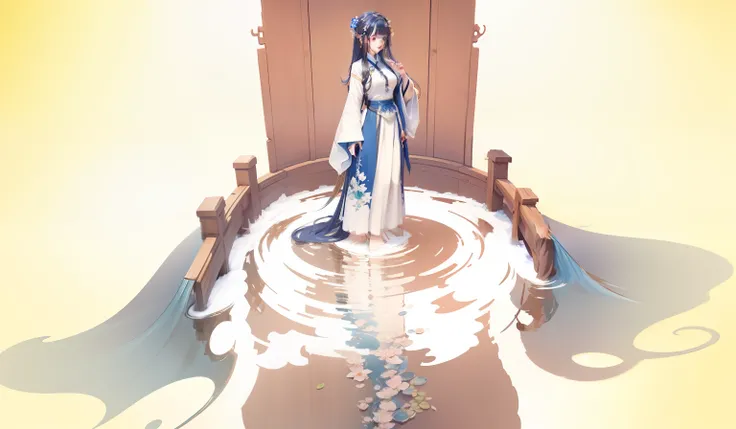 ((4k,masterpiece,best quality)), shuimobysim, traditional chinese ink painting, lotus, hanfu, maxiskit, dress conservatively 1girl, solo, long blue hair, smile, standing, feet in the water, barefoot,