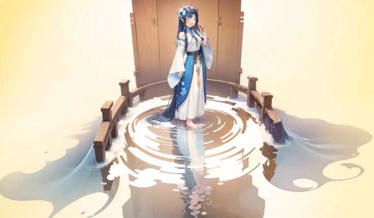 ((4k,masterpiece,best quality)), shuimobysim, traditional chinese ink painting, lotus, hanfu, maxiskit, dress conservatively 1girl, solo, long blue hair, smile, standing, feet in the water, barefoot,