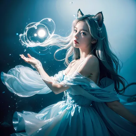 masterpiece, best quality, (photoreaslistic:1.2),  Cute 👩🏼, solo, fantasy tone Pale dull color , shiny blue color, magic circles, blue tone, deep sea, bubbles, white smoke , cat ears