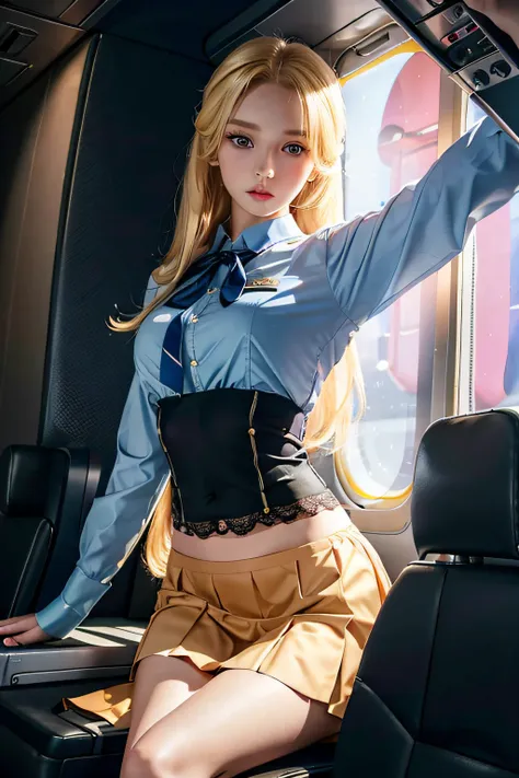 (8K, RAW photo, Best quality, Mastery:1.2), (Realistic, photo-realistic:1.2), (超高分辨率), (Ultra detailed), absurderes, 1girll, Long blonde hair，Blue pupil，pretty  face, symetrical eyes, Taiwan Baby 5, Perfect body proportion,middlebreast，（Pink flight attenda...