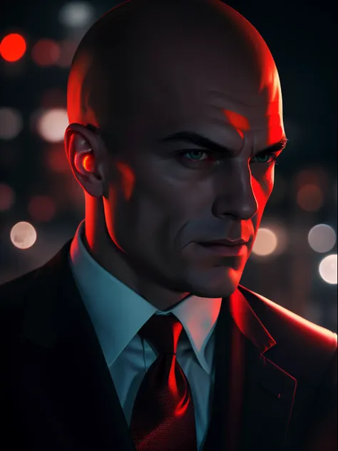 Close-up portrait of cool hitman, Agent 47, wearing a sleek black suit with a red tie, film lighting effects, realistic night light, full moon, background bokeh nikon 75mm lense, ray tracing, AMD Radeon 7900xz 8K RAW, control saturation, neglact negative c...