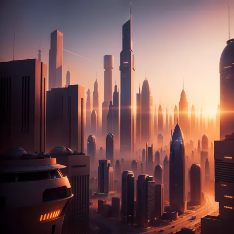 There is a very bustling futuristic city in the desert，The sunset illuminates the city at dusk