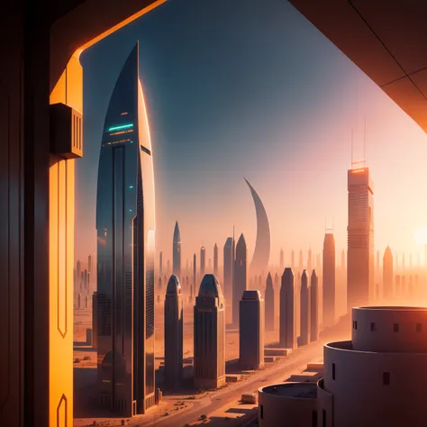 There is a very bustling futuristic city in the desert，The sunset illuminates the city at dusk