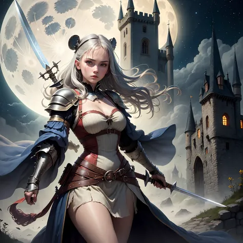 medieval times，Old castle，Silver-haired girl，Armed with a short sword，Under the moonlight，