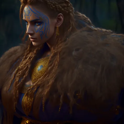 cinematic detailed photo of a female viking warrior.... wearing a golden armour with intricate details...cobalt blue tribal mark...