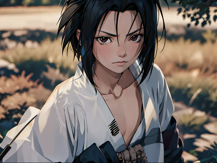 tmasterpiece， best quality at best， 1girll，sasuke， little breast，（upperbody closeup)，is shy，scowling，black hair，japanese katana ...