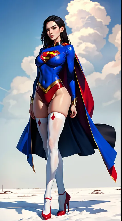 tmasterpiece，（Full body like:1.1），Busty woman，Beautiful and charming Chinese woman face，Superman bikini uniform，white stockings，High-heeled leather shoes， 1female，Thin waist，long leges，nakeness，Raised sexy，Bigchest，Bare breasts，Bare lower body，with no unde...